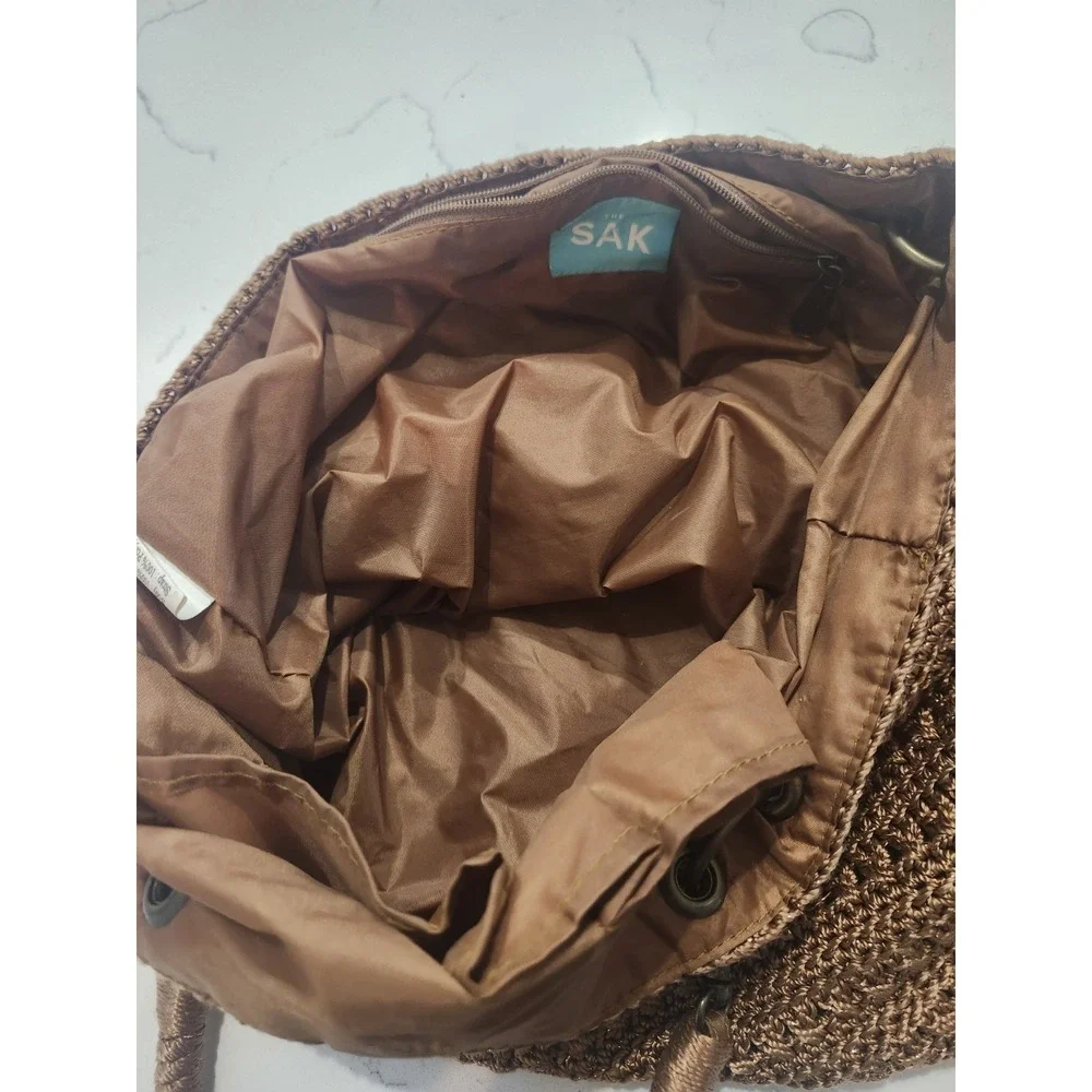 The Sak Crocheted Shoulder Bag CHESTNUT Brown With Gold Metallic Threads VTG EUC - Picture 7 of 10